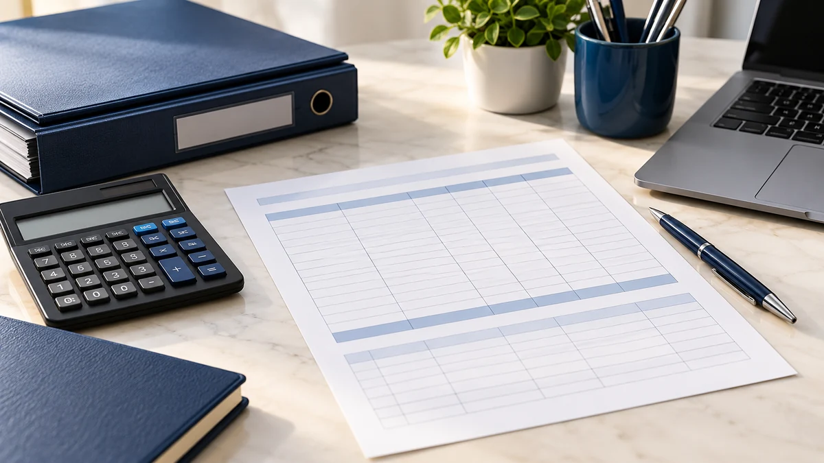 Accounting desk with a calculator, reconciliation worksheet and blue folder for reviewing a GST scrutiny notice.