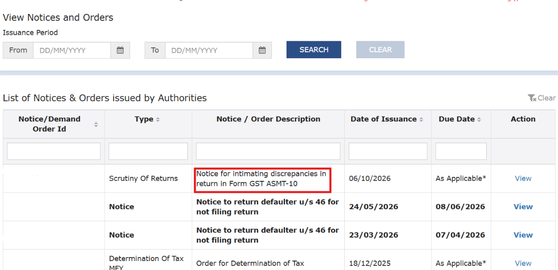 GST portal notice list highlighting a Scrutiny of Returns notice in Form GST ASMT-10, with notice IDs removed.