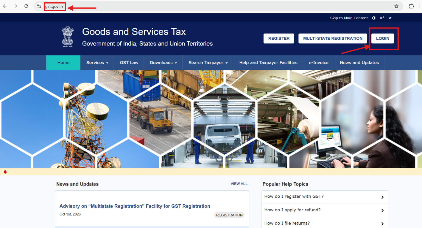 GST portal homepage with the official gst.gov.in address and Login button highlighted.