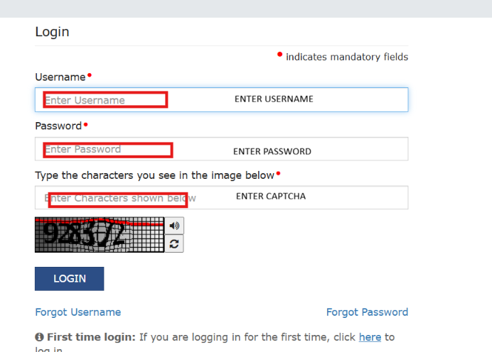 GST portal login form with blank username and password fields, a captcha field and Login button.