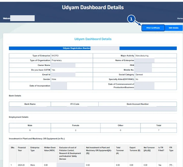 Udyam Dashboard Details page with marker 1 on the Print Certificate button at the top right; name, PAN, mobile, email, bank and registration details removed.