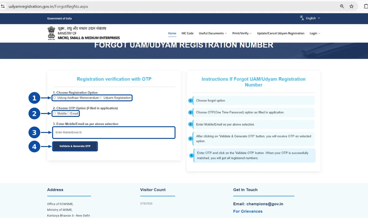 Forgot UAM/Udyam Registration Number page with markers on 1 the Udyog Aadhaar or Udyam registration option, 2 the mobile or email OTP option, 3 the mobile or email field and 4 the Validate & Generate OTP button.