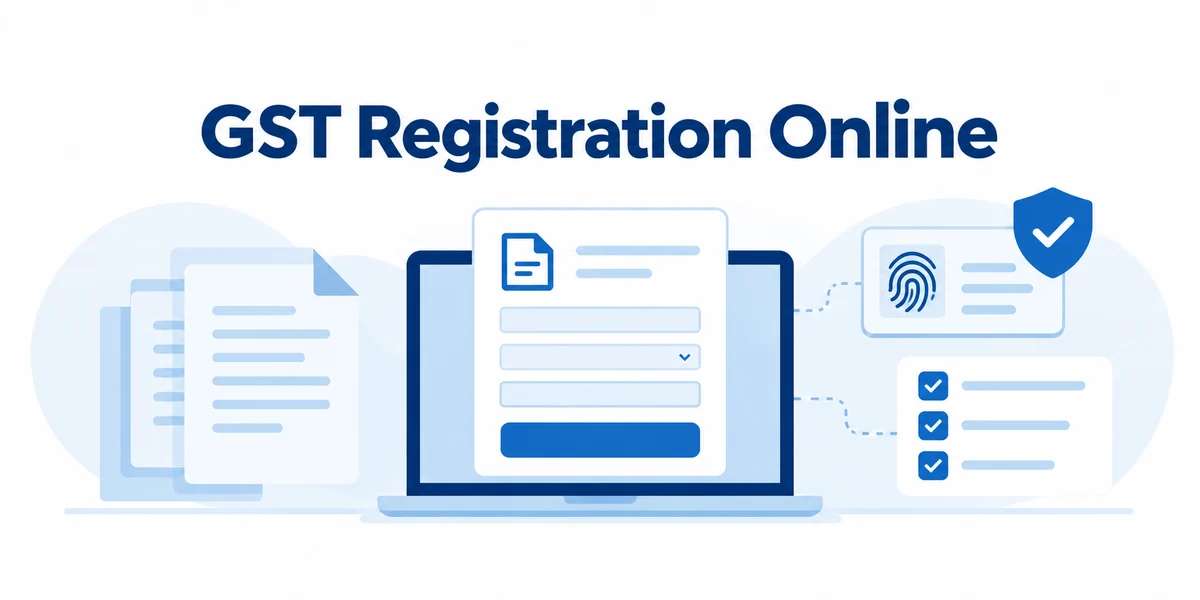 GST Registration Online illustrated with documents, a registration form, a fingerprint and verification checkmarks.